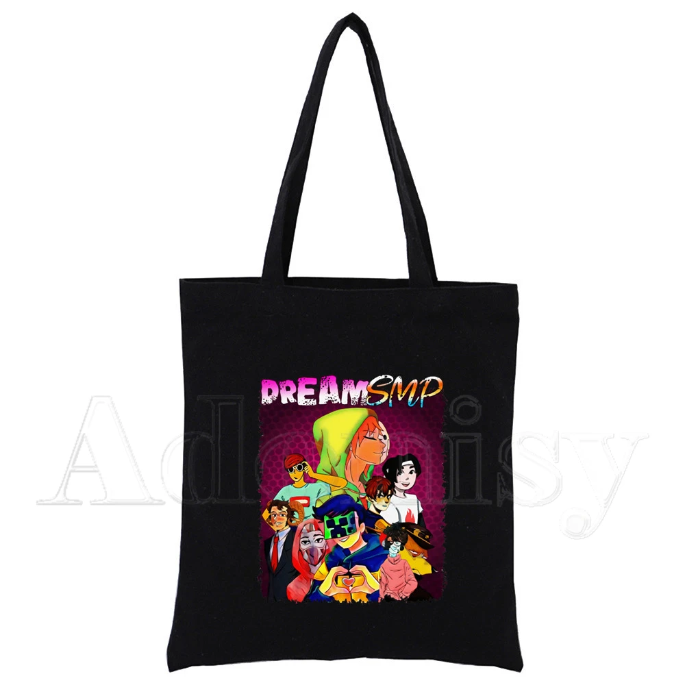 Dream Smp Canvas Black Shopping Tote Bag Reusable Shoulder Cloth Book Bag Gift Handbag