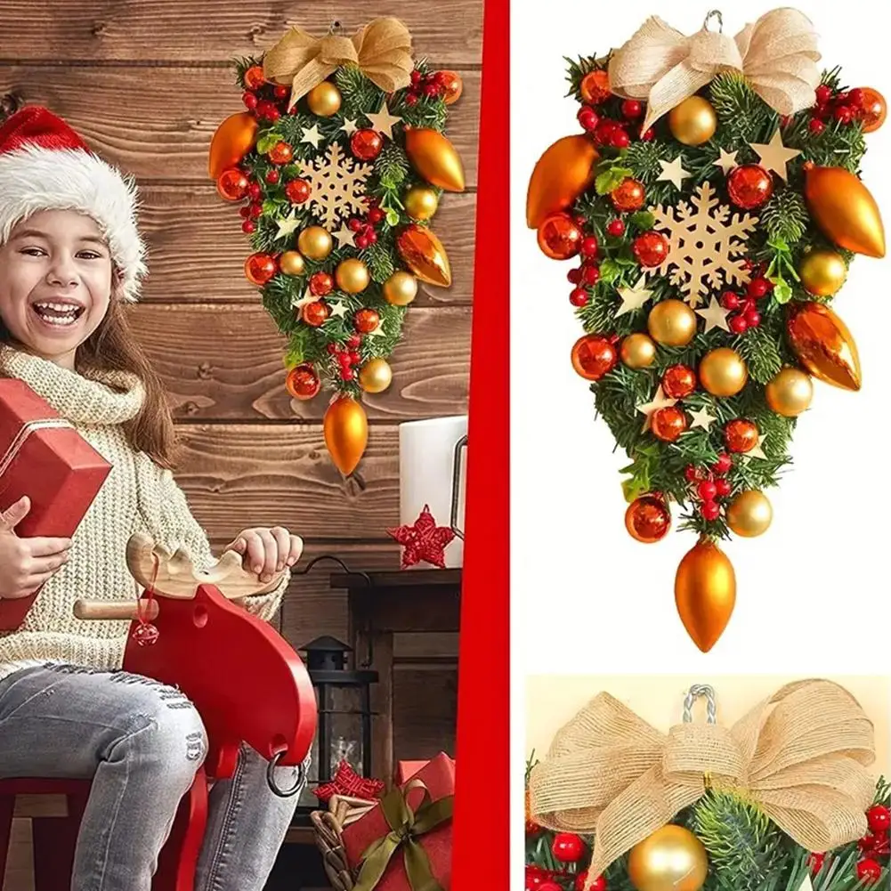 Christmas Wreath Bow Upside Down Tree Garland Artificial Decoration Hanging Window Ornament Xmas Porch Wall Home Door E2L2