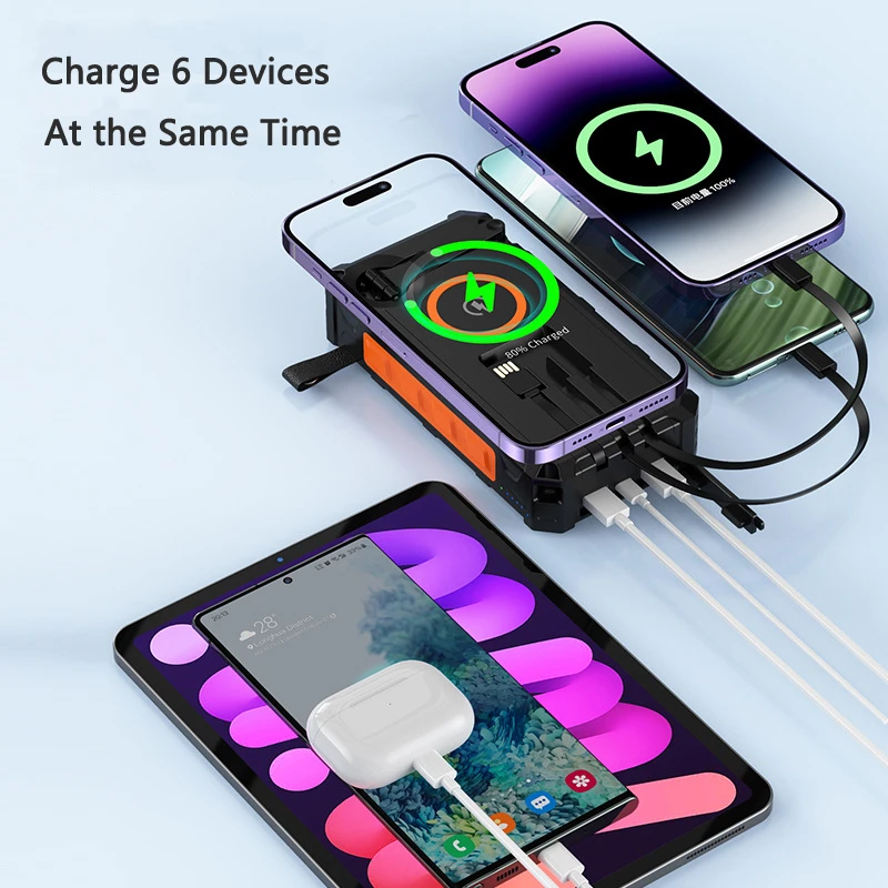 20000mAh Wireless Solar Power Bank with Cable LED Light Hand Crank Charger Powerbank for iPhone 15 Samsung S23 Xiaomi Poverbank