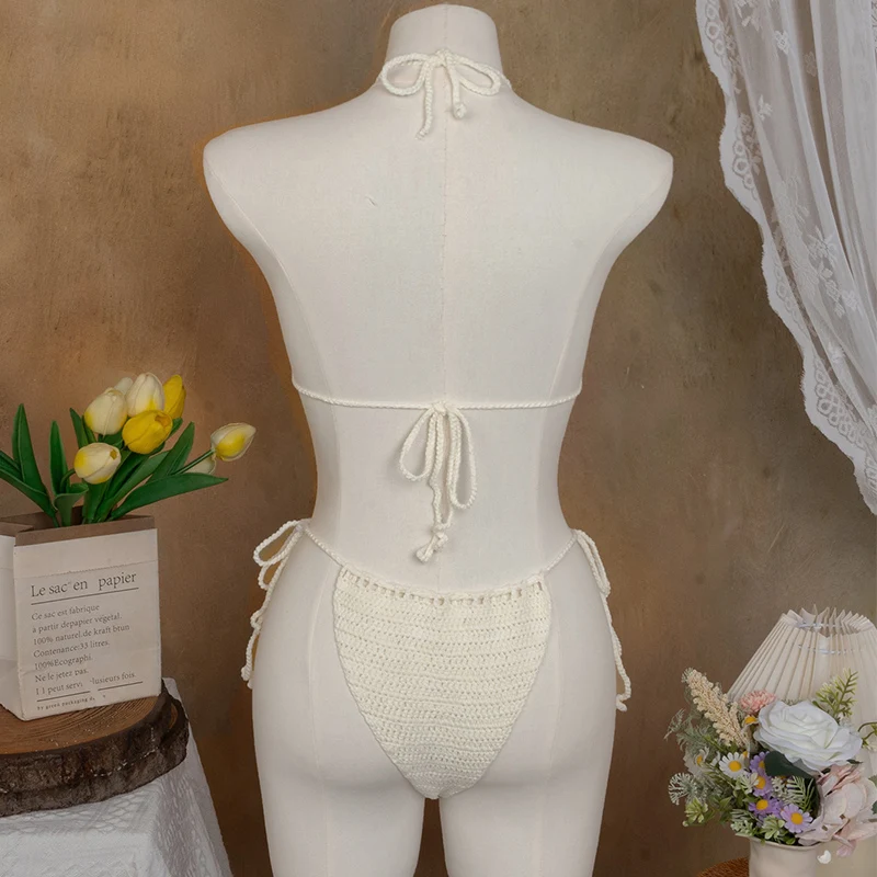 Two-piece hand-knitted three-dimensional flower Women Sexy Bikini Set Cover Up Binding Rope  Swimsuit Summer Holiday Beach Wear