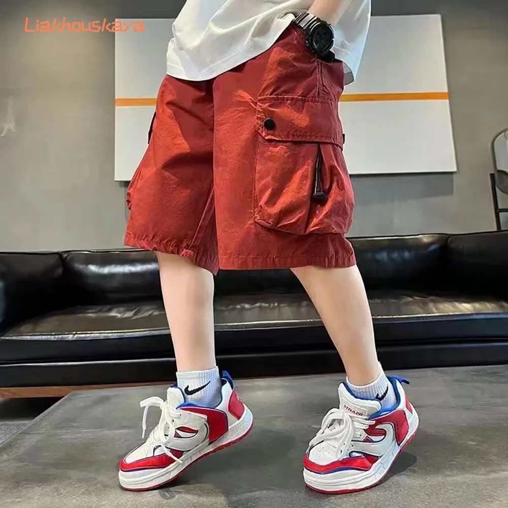 Boys Cotton Cargo Shorts 2026 Summer New Thin Cool Five Point Pants Multi Pocket Loose Casual Mid Trousers Teen Kids Daily Wear