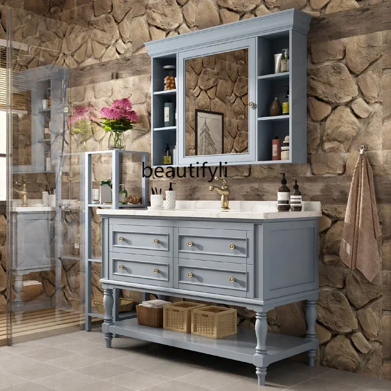 

ls 42New Arrivals American Bathroom Cabinet Combination Solid Wood Floor Wash Wash Basin Pool Washstand Stone Plate 03A