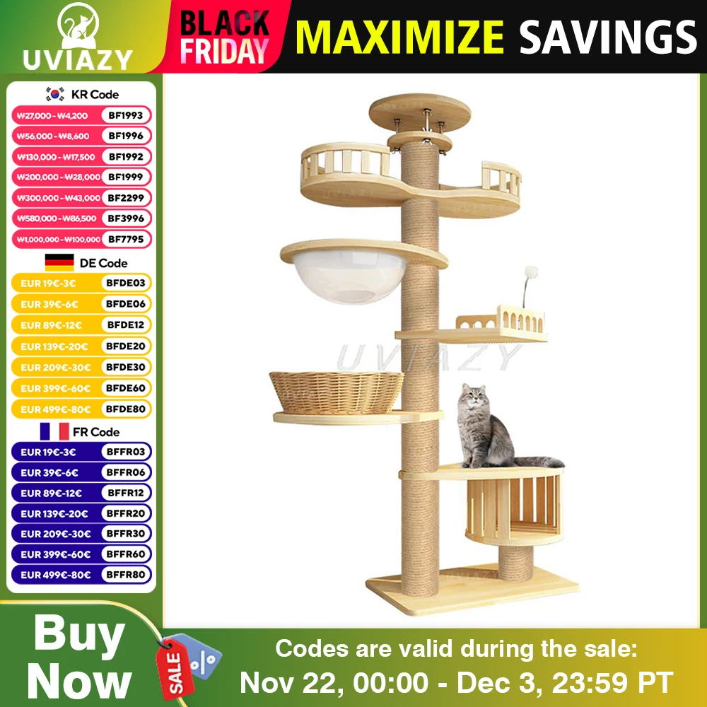 Large Multi-Level Cat Tree Shelf  Wood Climbing Frame Scratching Post Sisal Pillar Grinding Paws Jumping Platform Perch Tower