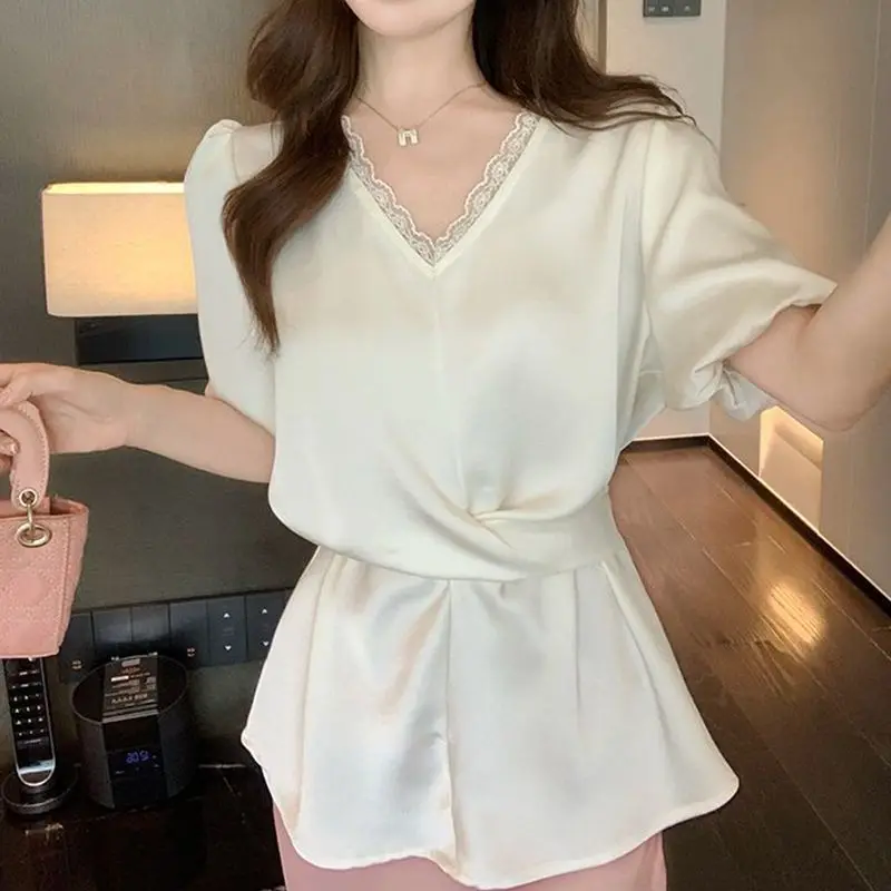 

Women Summer Simplicity Office Lady V-neck Solid Color Short Sleeve Shirts Ladies Fashion Lacing Corset All-match Casual Tops