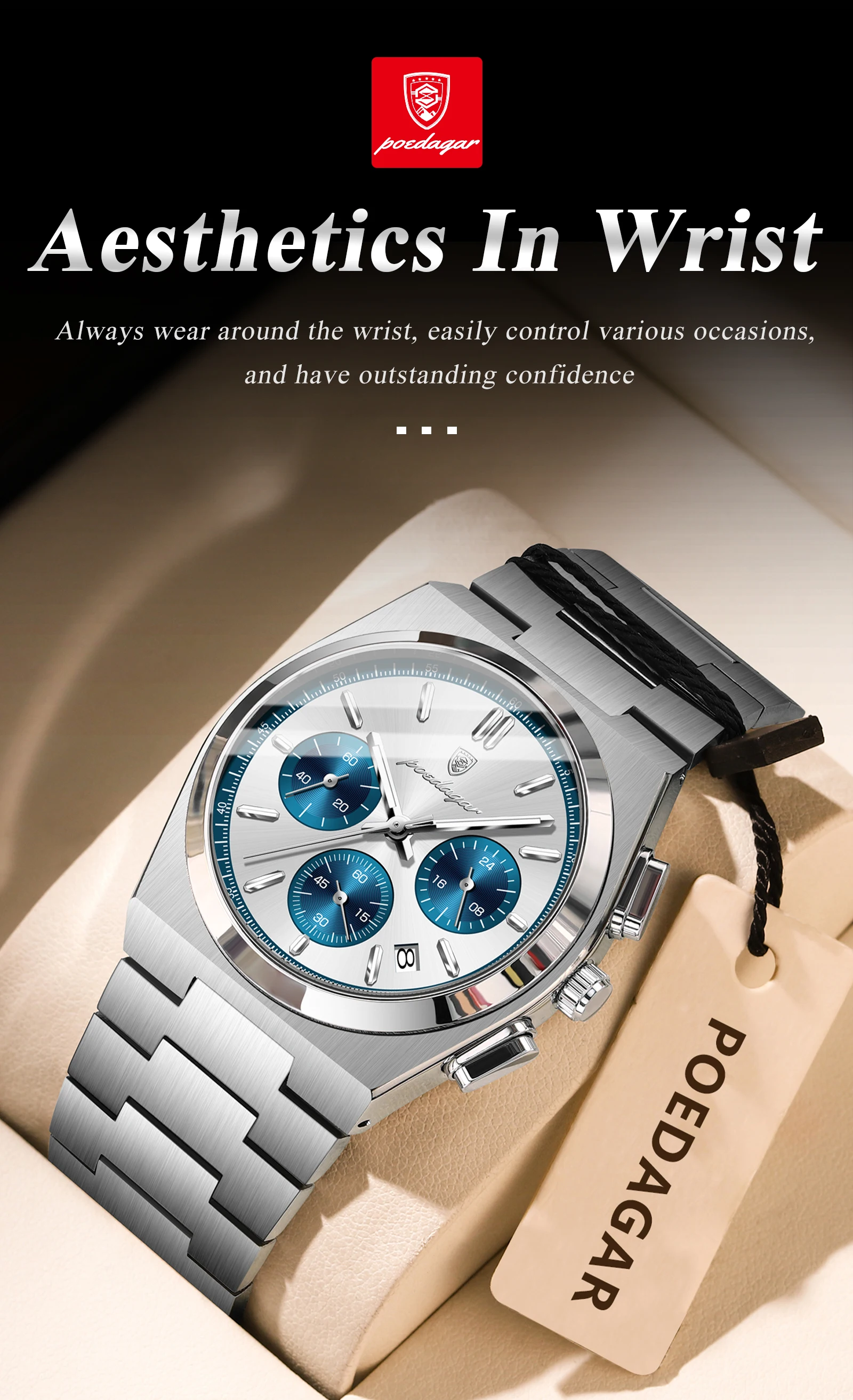 POEDAGAR Top Mode Mann Armbanduhr Chronograph Datum Edelstahl Business Männer Uhr Wasserdicht Leucht männer Quarz Uhren – Detail 4