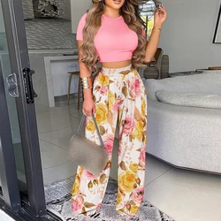 Summer Women Two Piece Sets Elegant Print Office Lady Outfits Elegant O Neck Short Sleeve Shirt Pullover + Wide Leg Pants Suits