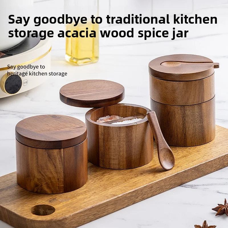 Acacia Wood Salt and Pepper Shaker Set - Natural Wooden Spice Jar with Secure Airtight Lid for Kitchen Pantry Storage