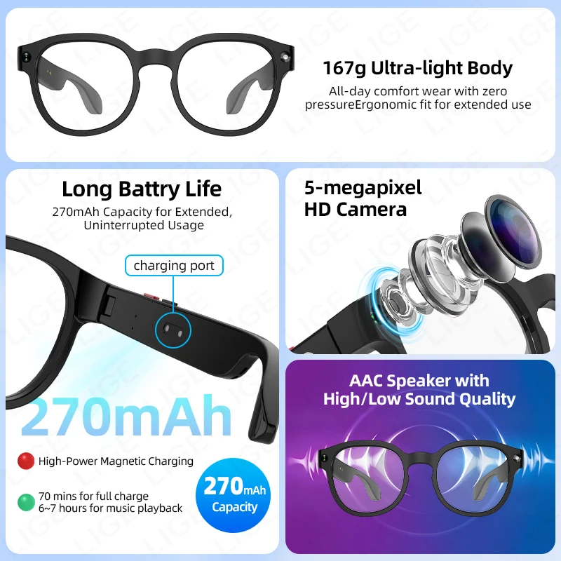 LIGE Smart Sunglasses Men with - Photography Translate 评论和价格