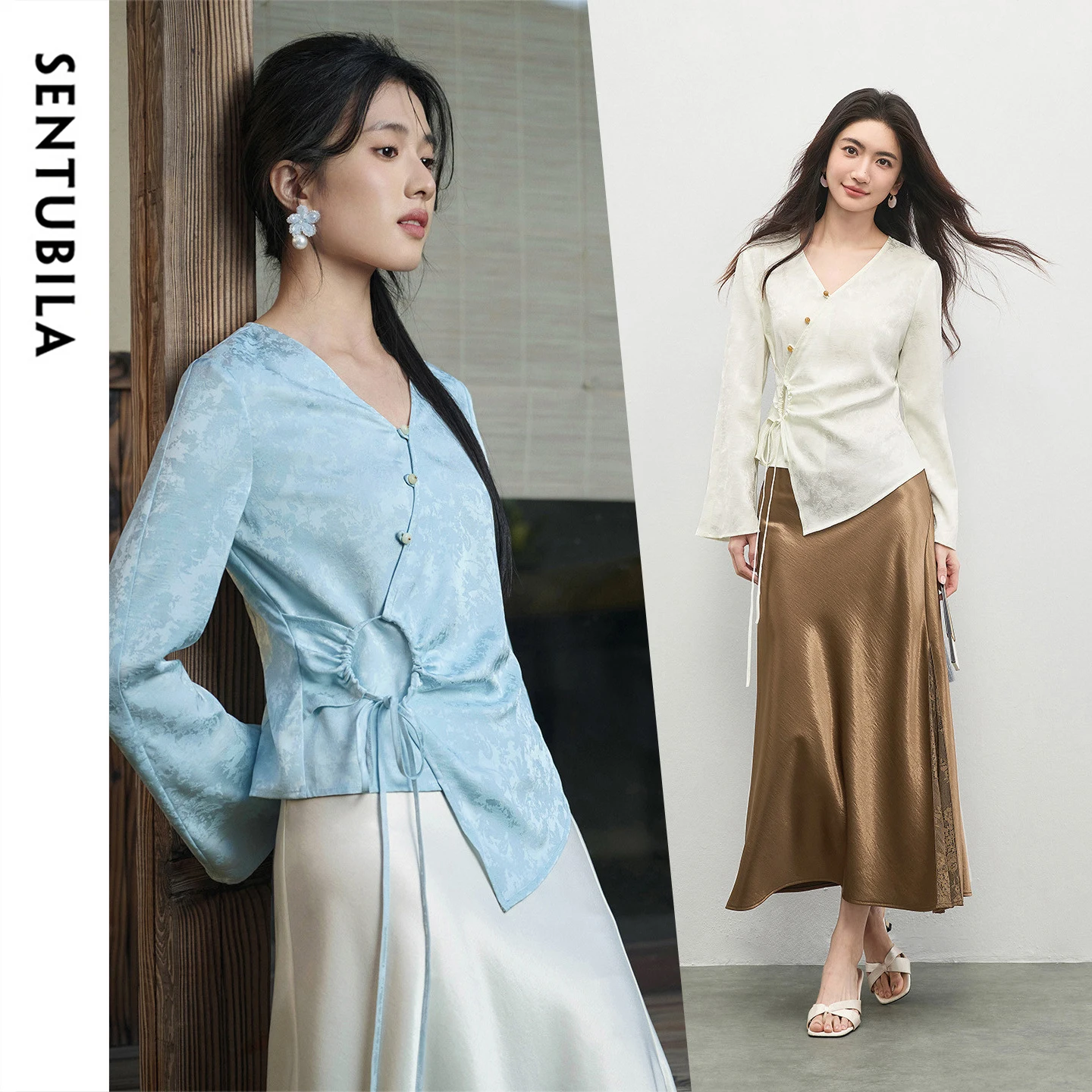 

Женская шифоновая блузка SENTUBILA 2026 Весна с V-образным вырезом, завязками на талии, асимметричным подолом и длинными рукавами, модель 161VG4799