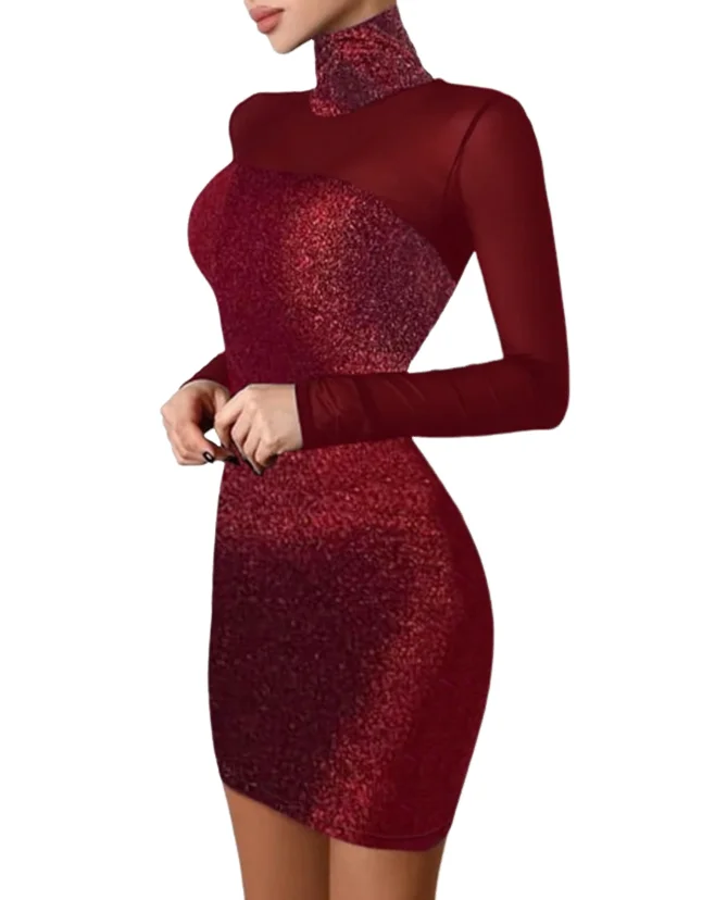 Robe de soirée sexy à col haut pour femmes, robe en maille transparente brillante, robe élégante, patch serré, nouvelle mode, hiver, 2023