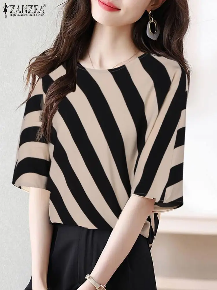 ZANZEA Fashion Women Elegant Shirt Casual Loose Tunic Tops Female OL Work Blusas Mujer Summer O Neck Half Sleeve Striped Blouse