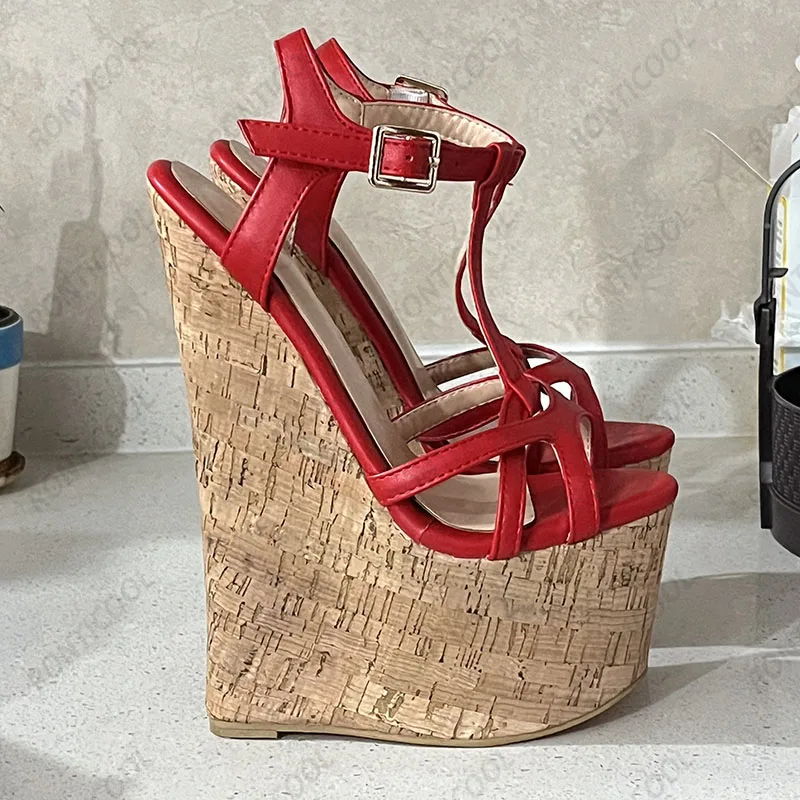 Ronticool Handmade Women T-strap Sandals Ultra High Wedges Heels Round Toe Classics Black Dress Shoes Ladies US Plus Size 5-15