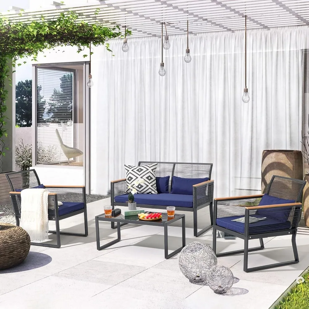 

4-piece terrace furniture set, outdoor wicker bar set, all-weather black PE rattan conversation set, with coffee table