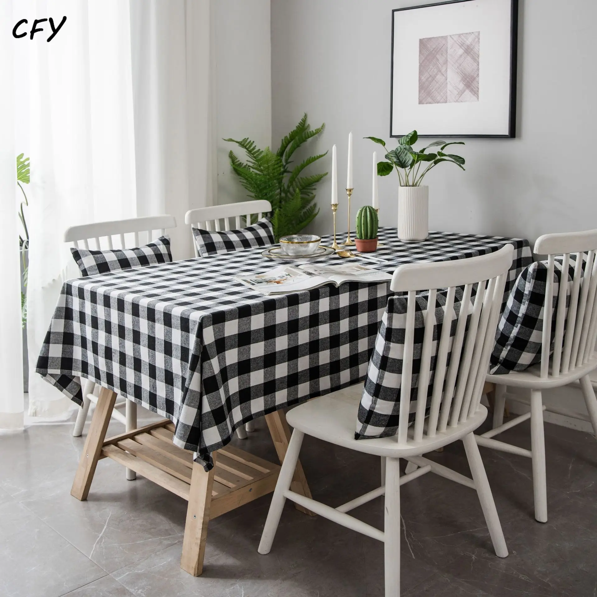 Cotton Linen American Black and White Plaid Rectangular Tablecloth Tea Table Pad Meal Cloth Photo Background Cloth