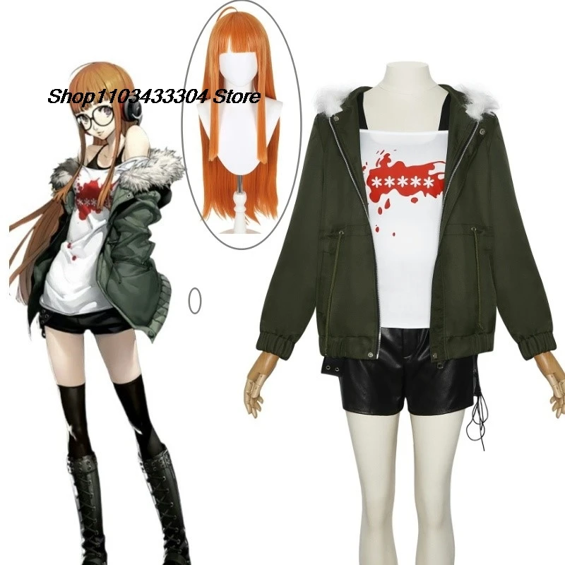 Futaba Sakura Cosplay Costume Wig Headphone Prop Glasses Halloween Game Persona 5 Uniform Casual Coat Jacket Shirt Customized