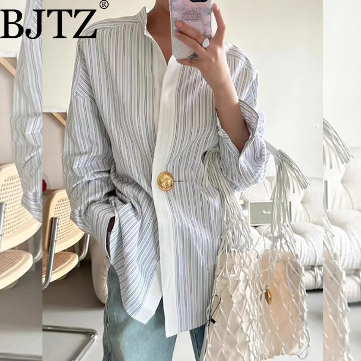 

BJTZ Loose Fit Striped Chic Metal Buttons Designer Shirt&blouse For Women 2025 Spring Autumn New Long Sleeve Lapel Shirts