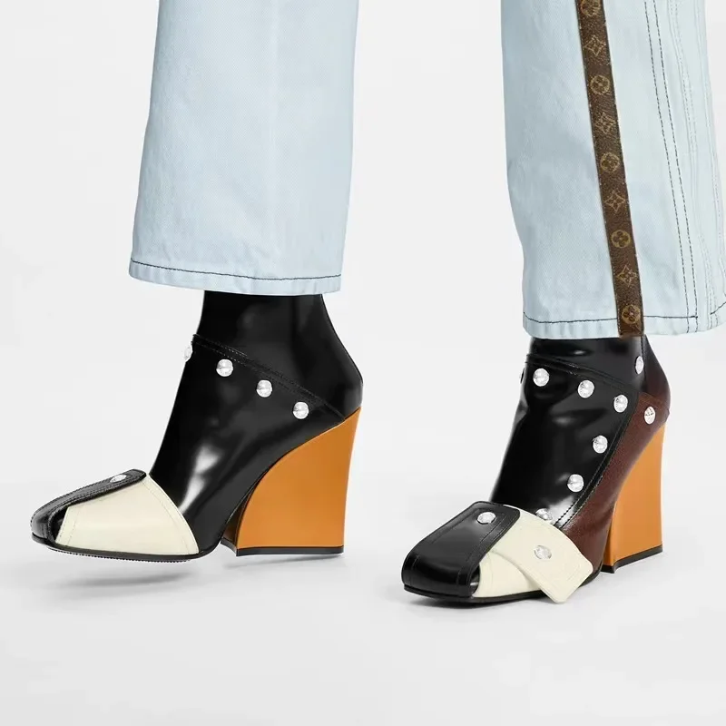 2026 Autumn Winter New Boots Wedge Thick Heel High Heel Square Toe Back Zipper Catwalk Mixed Color Short Boots Women's Boots - view 3