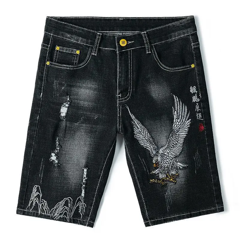 남성 데님 반바지 자수 남성 짧은 청바지 바지 블랙 슬림 찢어진 무례한 Xl streetwear 럭셔리 얇은 jorts 한국 패션