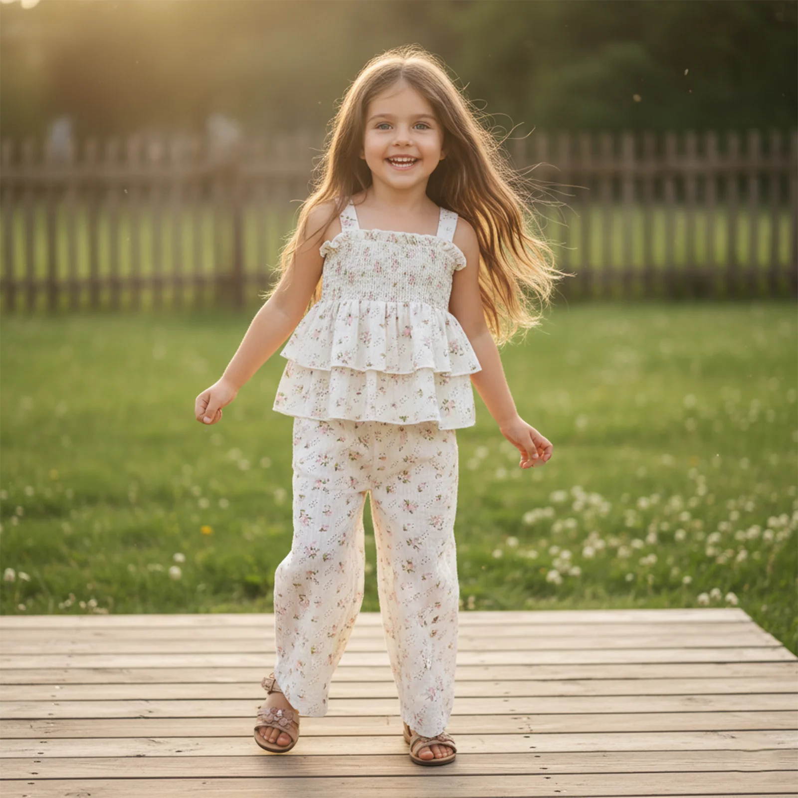 FOCUSNORM 2-7Y الصغار الفتيات ملابس الربيع مجموعات عباد الشمس طباعة أكمام Smocked تانك القمم + جيب فستان أطفال مع سروال داخلي #3