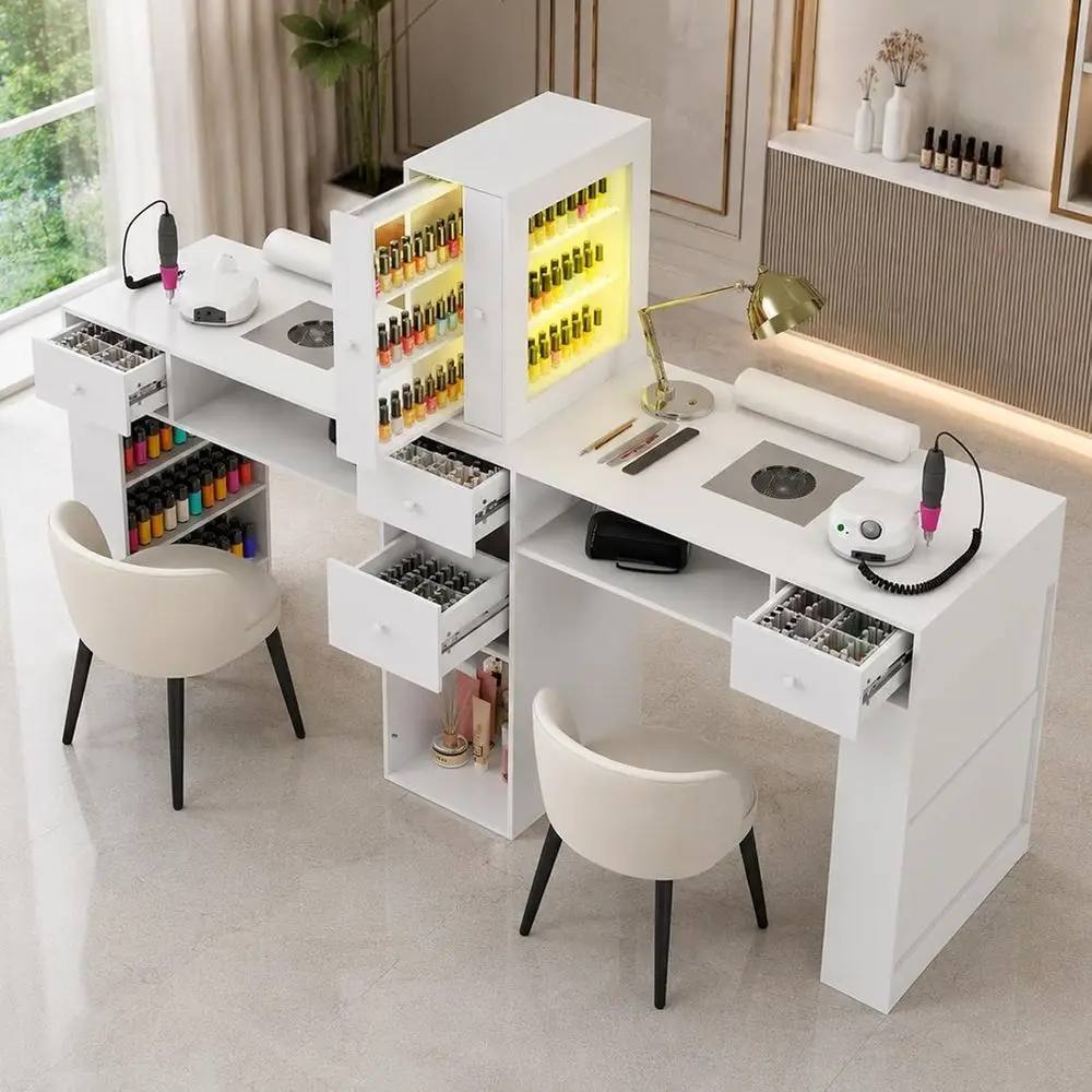 76.5 Dual Manicure Station with LED Light, Dust Collector, Storage Drawers and Hand Rests