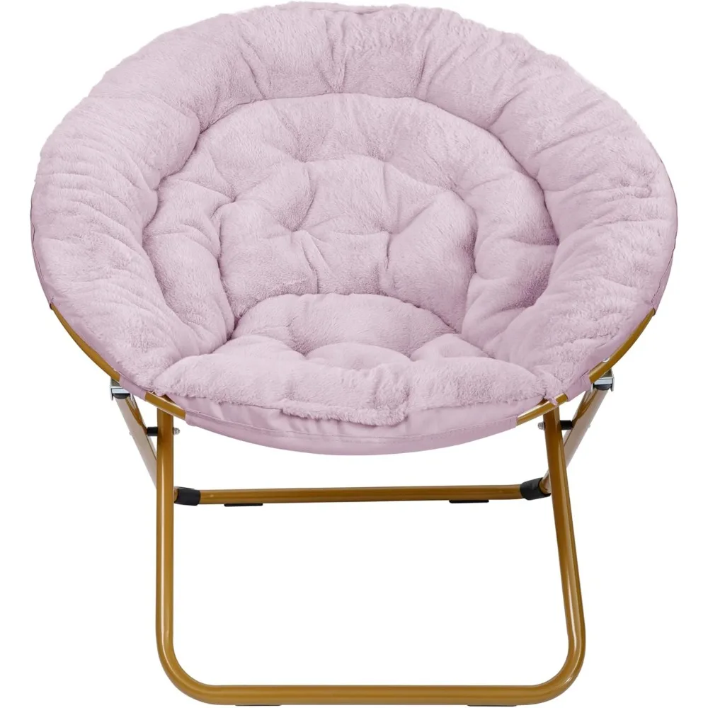 كرسي صحن قابل للطي كبير الحجم مع فرو صناعي - إطار معدني ذهبي ناعم أرجواني مغبر - كرسي قمر محمول 38 قابل للطي للمريح #5