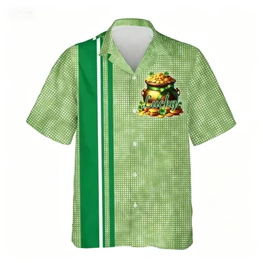 Small Niche Color Blocking Cartoon Elf Short Sleeved Shirt for Men's Irish Themed Party Trend Versatile Shirt