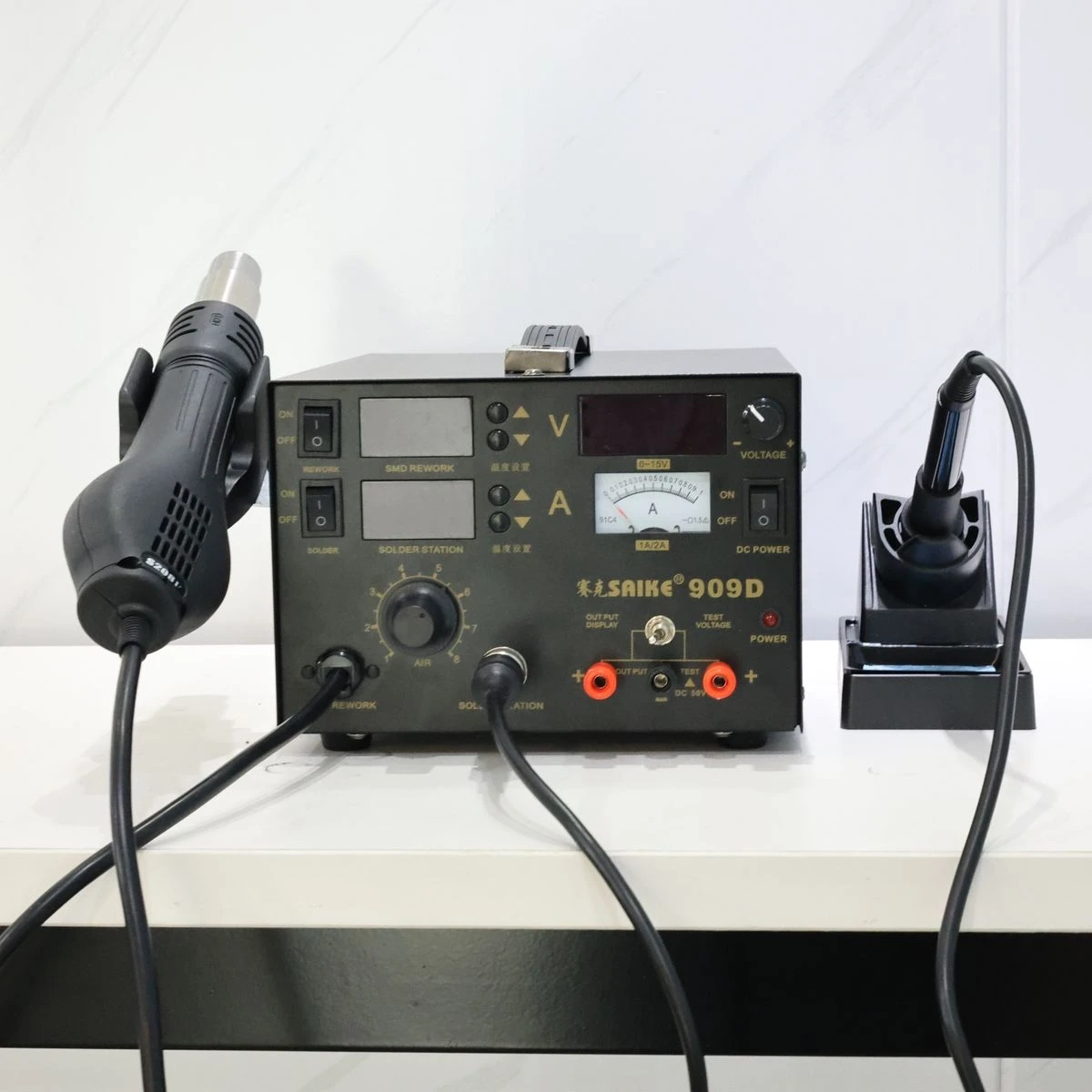 

All-in-One Electronic Repair Tool: SAIKE 909D Hot Air Rework, Soldering Iron, DC Variable Supply