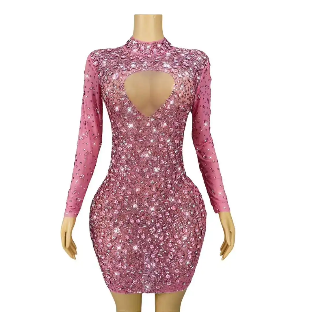 

Sparkly Pink Crystals Short Dress for Women Sexy Mesh See Through Evening Celebrate Birthday Dress Photo Shoot Wear