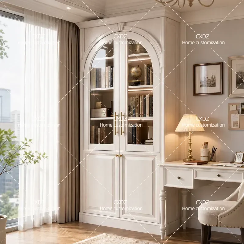 American Style Solid Wood Bookcase with Glass Door Dustproof Display Cabinet Cream Color Living Room Floor Storage Shelf