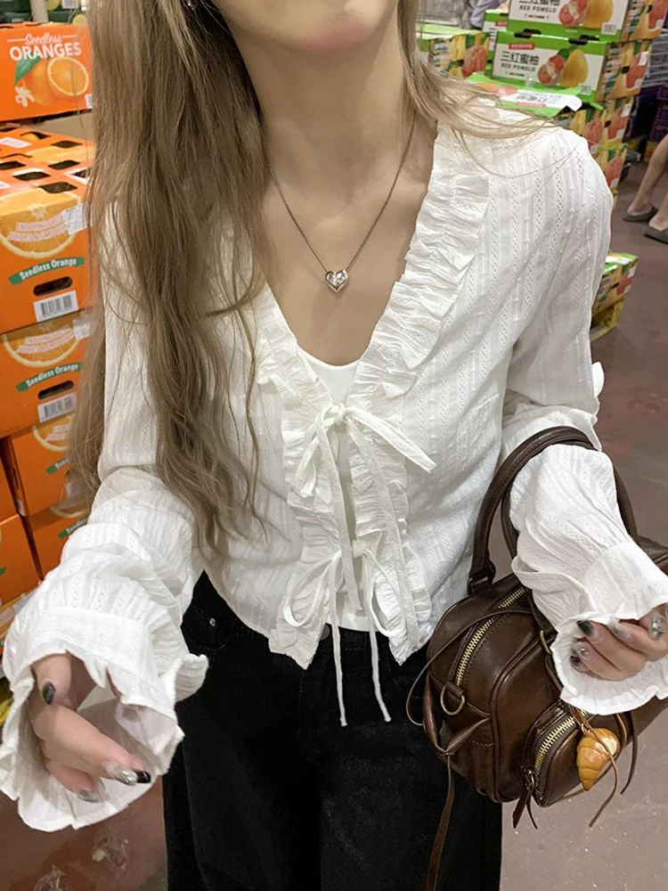 Zoki Lace Up Sweet White Shirts Women Vintage Long Sleeve Cropped Blouse Casual V Neck Female Korean Elegant Retro Tops New