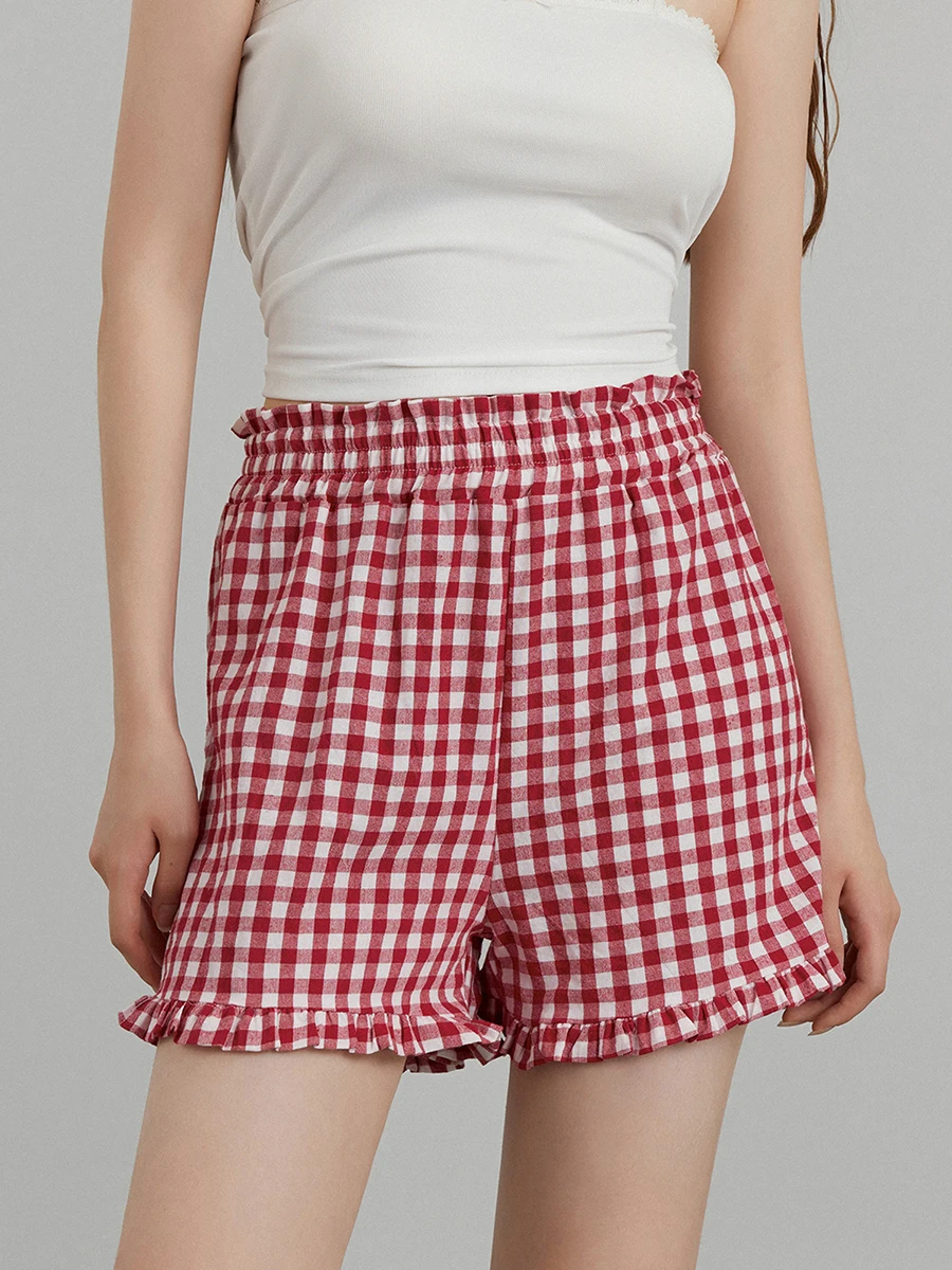 Short à carreaux décontracté pour femme, coupe adt, taille élastique, froncé, bordure à volants, pantalon court, short de salon