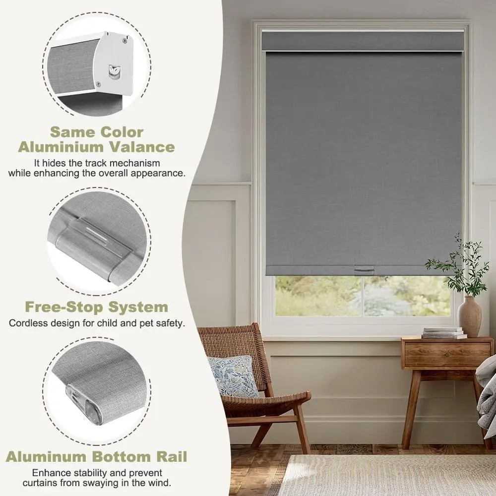 ม่านม้วนผ้าลินินไร้สาย ป้องกันความร้อน ป้องกันรังสียูวี ป้องกันแสงสำหรับบ้าน/สำนักงาน (สีเทาไลน์, 34x72)