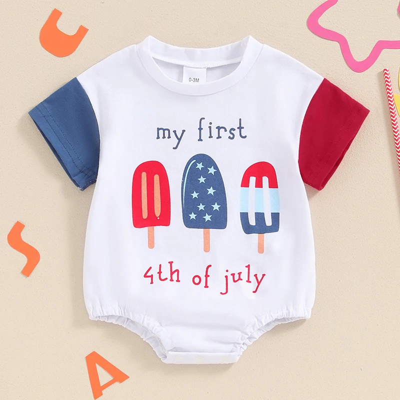 Baby 4th of July Romper Short Sleeve Round Neck Ice Cream Print Bodysuit Infant Summer Playsuit