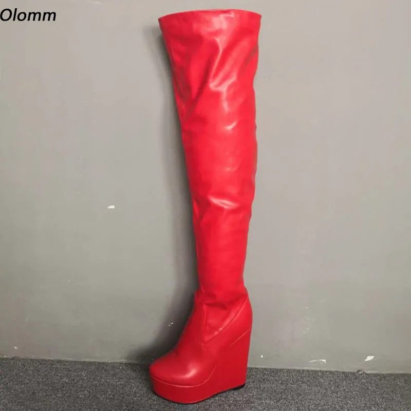 

Olomm New Women Platform Over The Knee Boots Wedges High Heels Boots Round Toe Gorgeous Red Dress Shoes Women Plus US Size 5-15