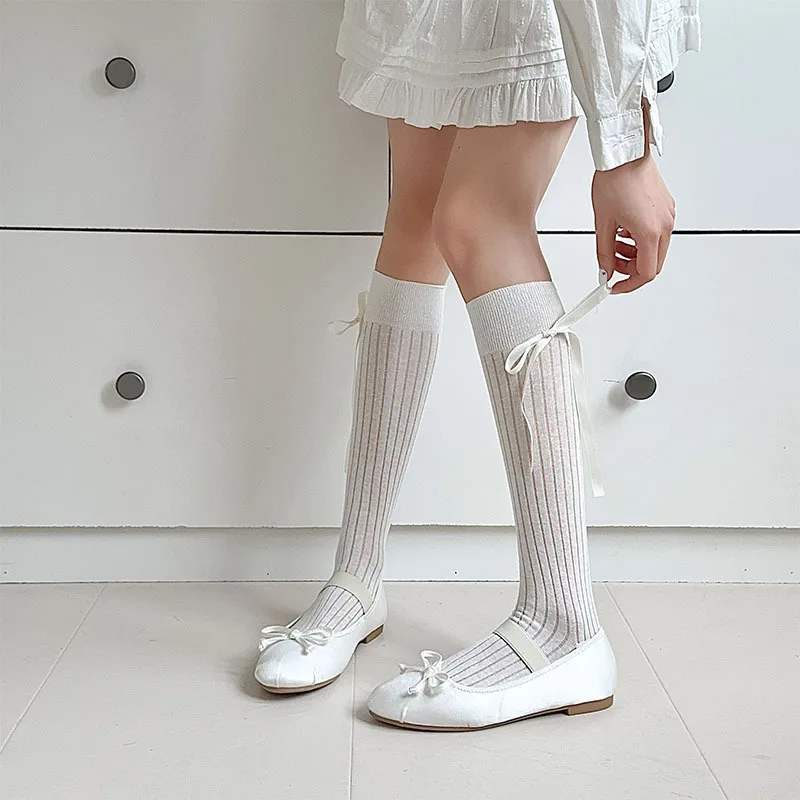 JK Girls Knee Socks Stockings Ribbon Bow Lolita Kawaii Women Stockings JK Japanese Fashion Black White Gray Long Socks Stockings