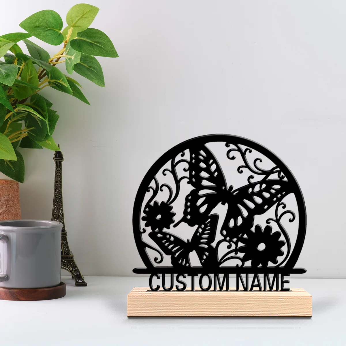 1pc Beauty Personalized Custom Butterfly and Flower Metal Statues With Wooden Base Tabletop Decoration Natural Elements And Pers view 3