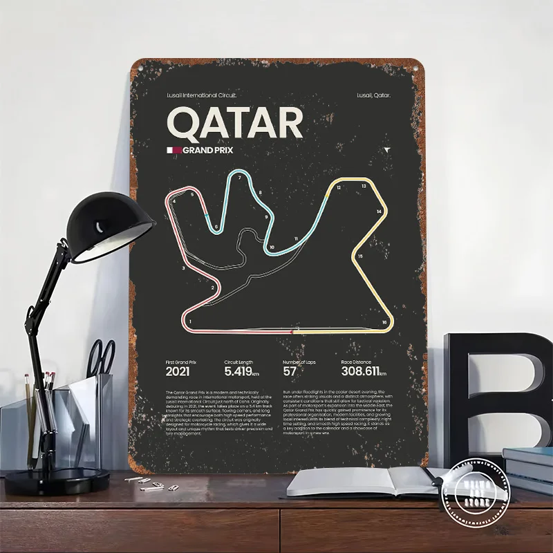 Qatar Lusail International Circuit Poster Customized Wall Art Vintage Metal Signs Retro Tin Plaque for Man Cave Gamer Decoration