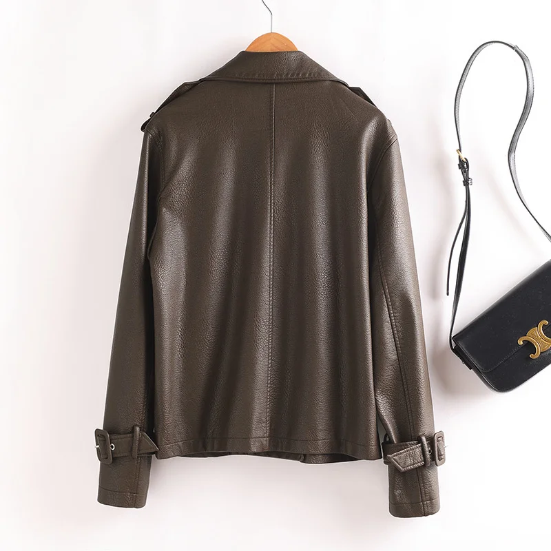 Damska kurtka motocyklowa z imitacji skóry, dwurzędowa, krótka, na wiosnę i jesień, casualowa, streetwear, odzież wierzchnia, moda 2025.