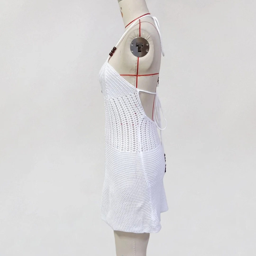 Schlankes, figurbetontes, gehäkeltes, gestricktes Strandkleid für Damen, Neckholder-Minikleid, Sommerkleid mit Ausschnitten, V-Ausschnitt, rückenfrei, sexy Partykleid V6210 – Detail 28
