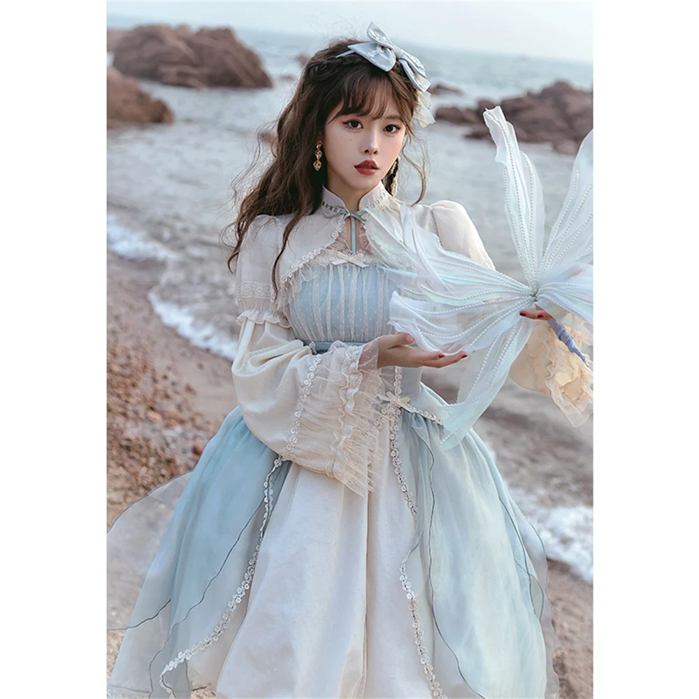 Sweet Girls Blue Bell Orchid manica a sbuffo a vita alta Lolita Dress Kawaii Woman Bowknot Lace Spring Cute Vestidos Cos Lolita Jsk