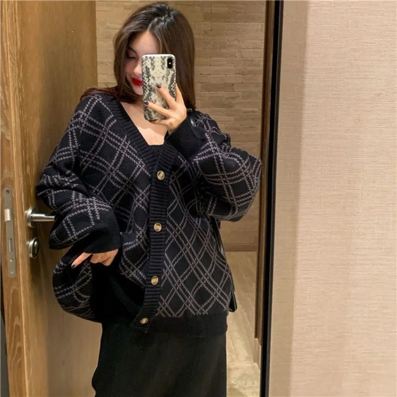 Black Cardigan Coats Women Vintage Loose Oversize Diamond M-4XL Check Knitted V-neck Patchwork Fall Winter Chic Ulzzang Female