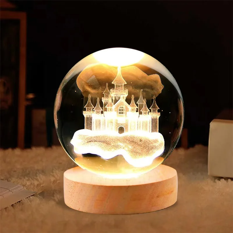 8cm crystal ball with lamp base starry sky solar system nightlight 3D carved desktop decoration Valentine\'s Day gift