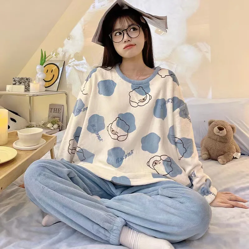 

Fall and Winter New Girls Warm Pajamas Homewear Suit Female Students Facecloth Cartoon Winter Coral Velvet Pajamas Homewear