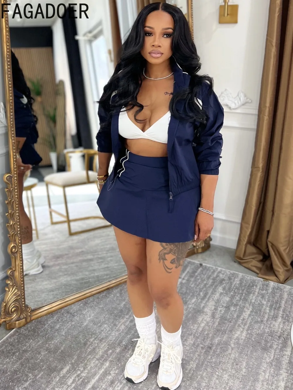 FAGADOER Casual Color Block 2 Piece Sets Woman Outfit Drawstring Ruched Patchwork Crop Top and Skirt Matching Female Streetwear image 3