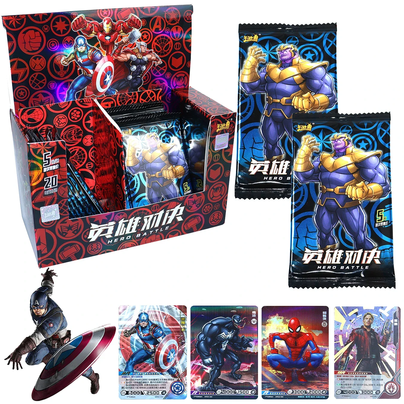 KAYOU Marvel Avengers Anime Figures Bronzing Barrage Flash Cards Thanos Thor Iron Man Collectible Cards Toy Birthday Gift