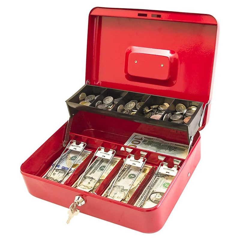 Cash Box with Money Tray and Key Lock Tiered Cantilever Design 4 Bill / 5 Coin Slots Safety Box for Supermarkets Shopping Mall