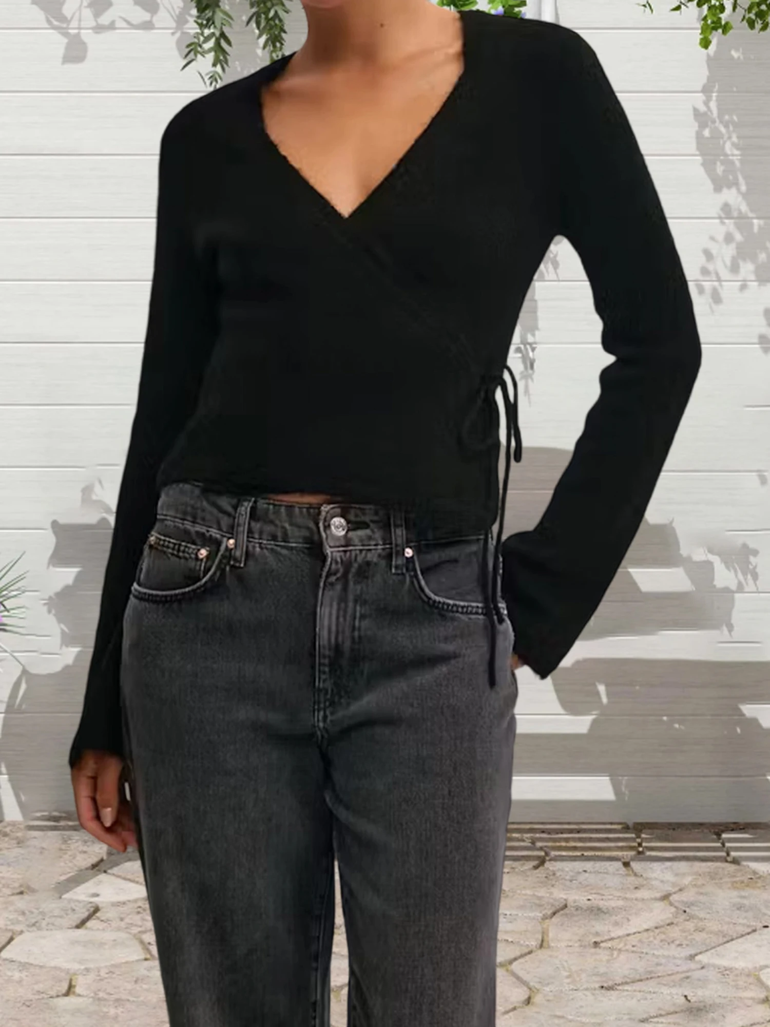 

Женский кардиган с V-образным вырезом, модный однотонный свободный свитер с длинным рукавом и завязками по бокам