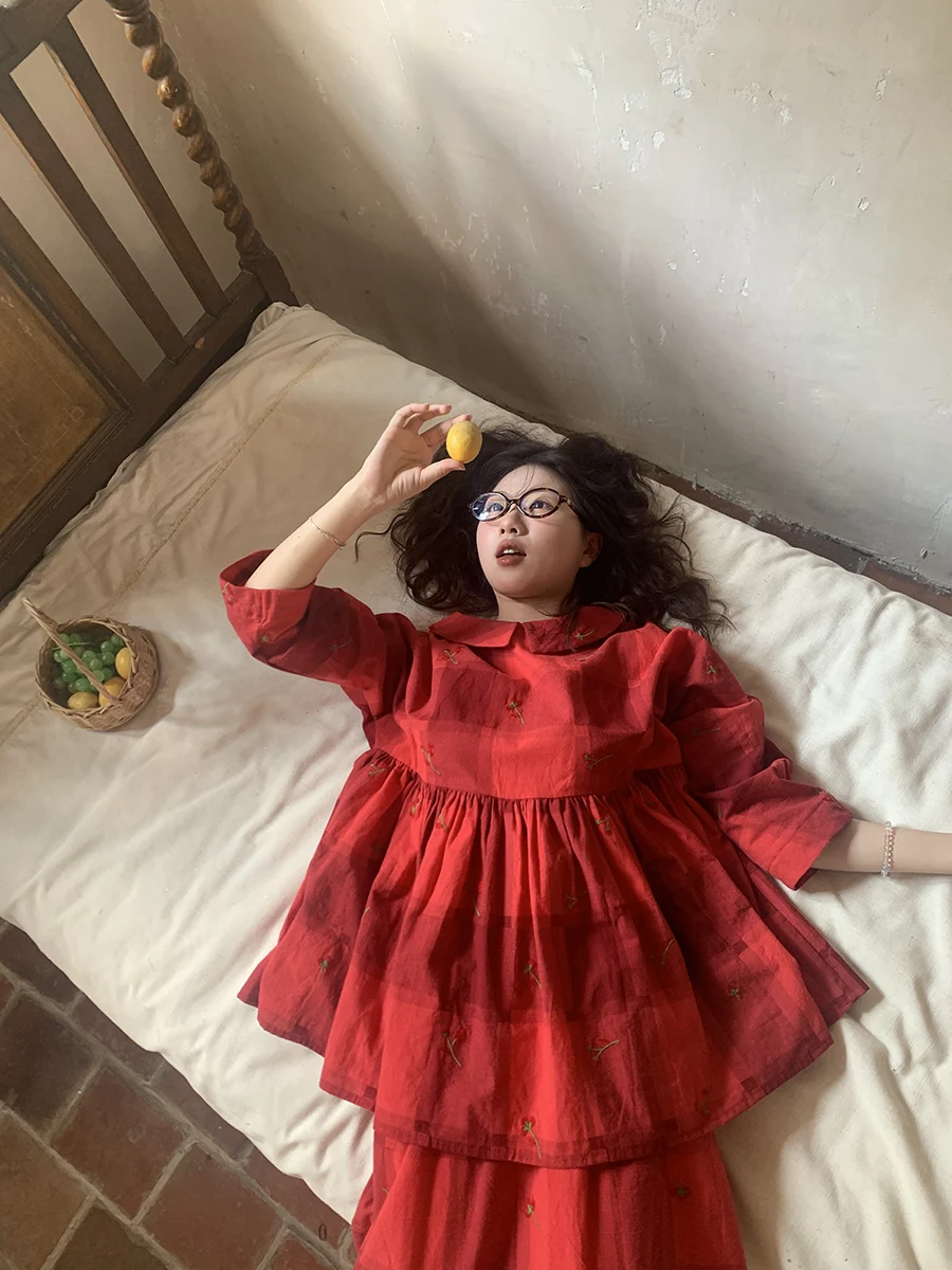 

Red Plaid Cotton Linen Loose Embroidered Doll Collar Top And f Skirt Set Autumn Vintage Sle Club Nine Nine Faion Ensemble