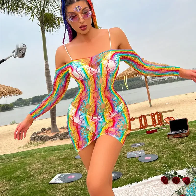 ใหม่มาถึงแฟชั่นสาว Babydolls teddies เซ็กซี่ Bodycon ไนลอน Rainbow Mini Dress เปิด Crotch เสื้อผ้าของเล่น 18 + ชุดชั้นในเซ็กซี่