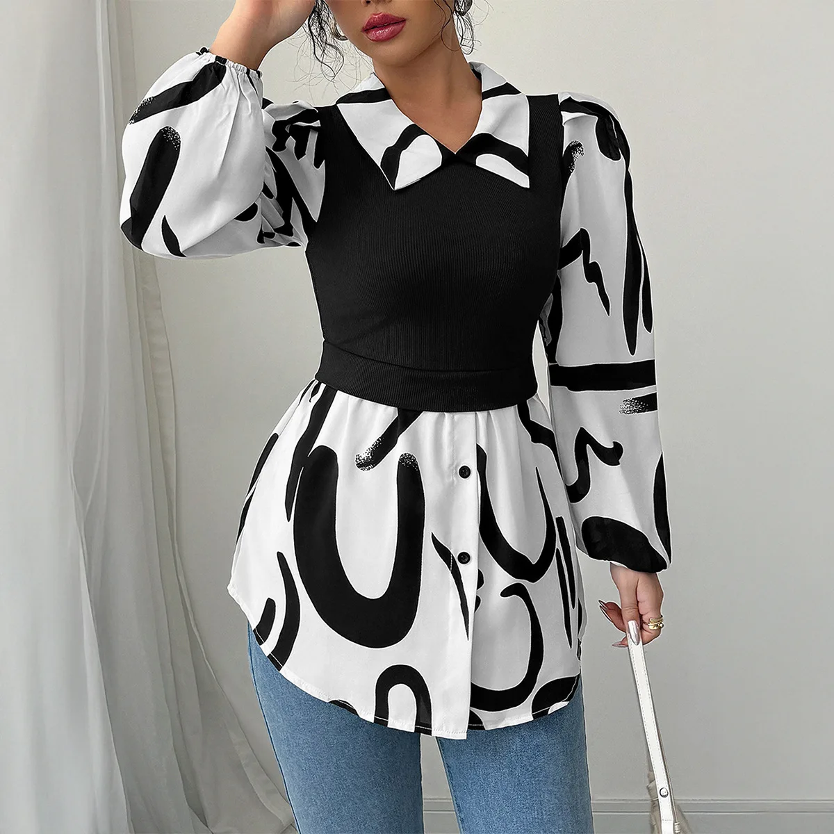 

Casual Printed Vest Top Women's Fashion Spring Cross-Border Independent Station Elegant Long Sleeve Shirt Polyester Spandex